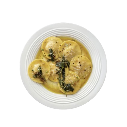 top view of ravioli in a creamy parmesan sauce on a plate