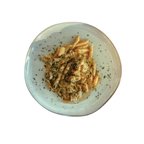 top view of a penne pasta in a creamy garlic sauce on a plate