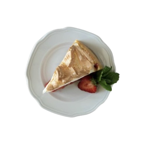 top view of a meringue on a plate with a strawberry